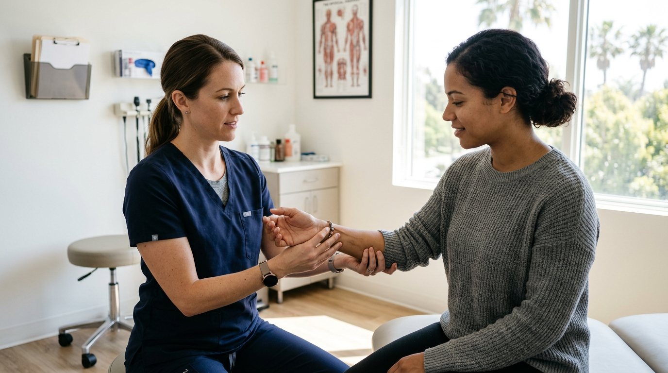 Clinician examining a patient's wrist and forearm during a medical evaluation for a repetitive stress injury.